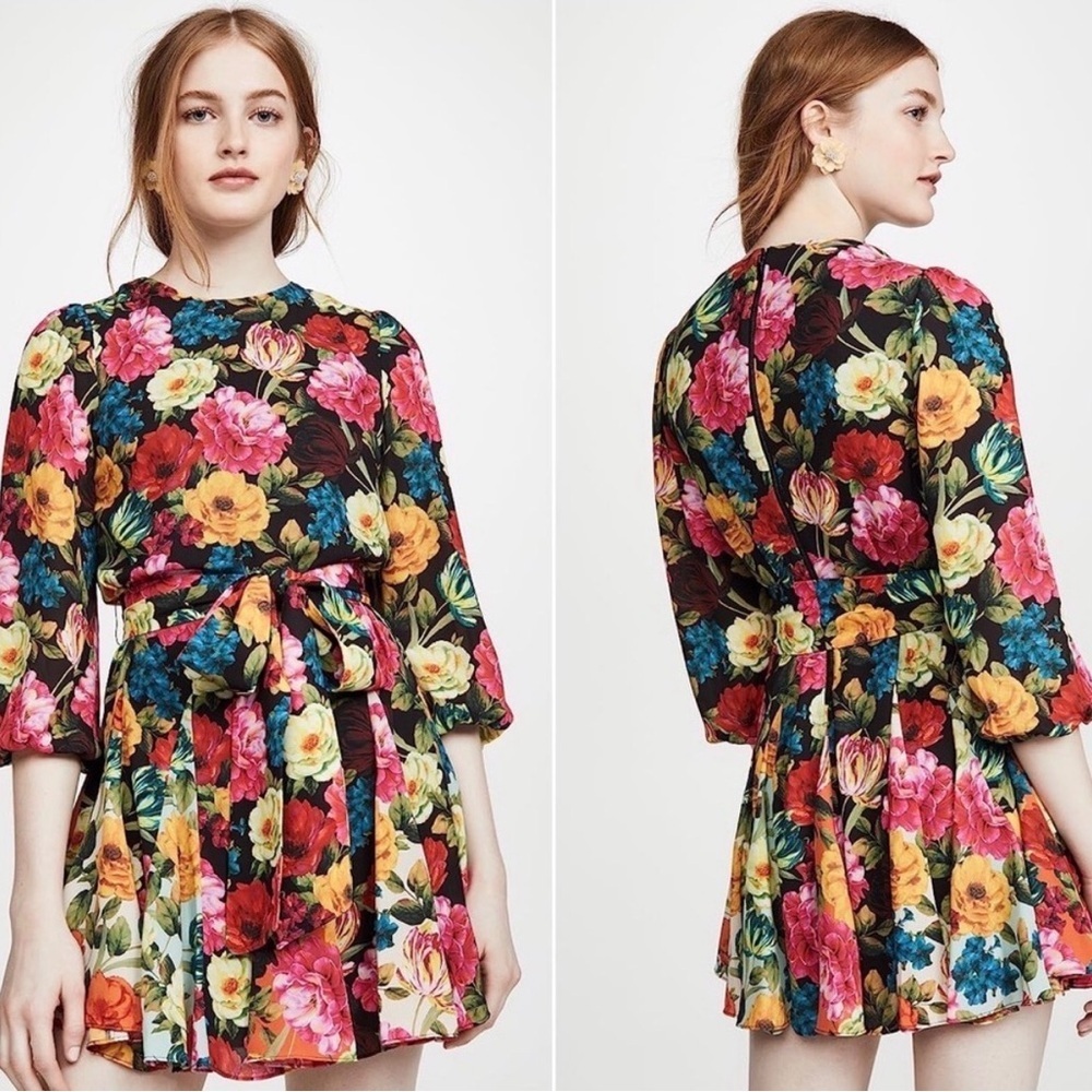 Alice + Olivia Women’s Mina Black Floral Tie-Waist Mini Dress Medium